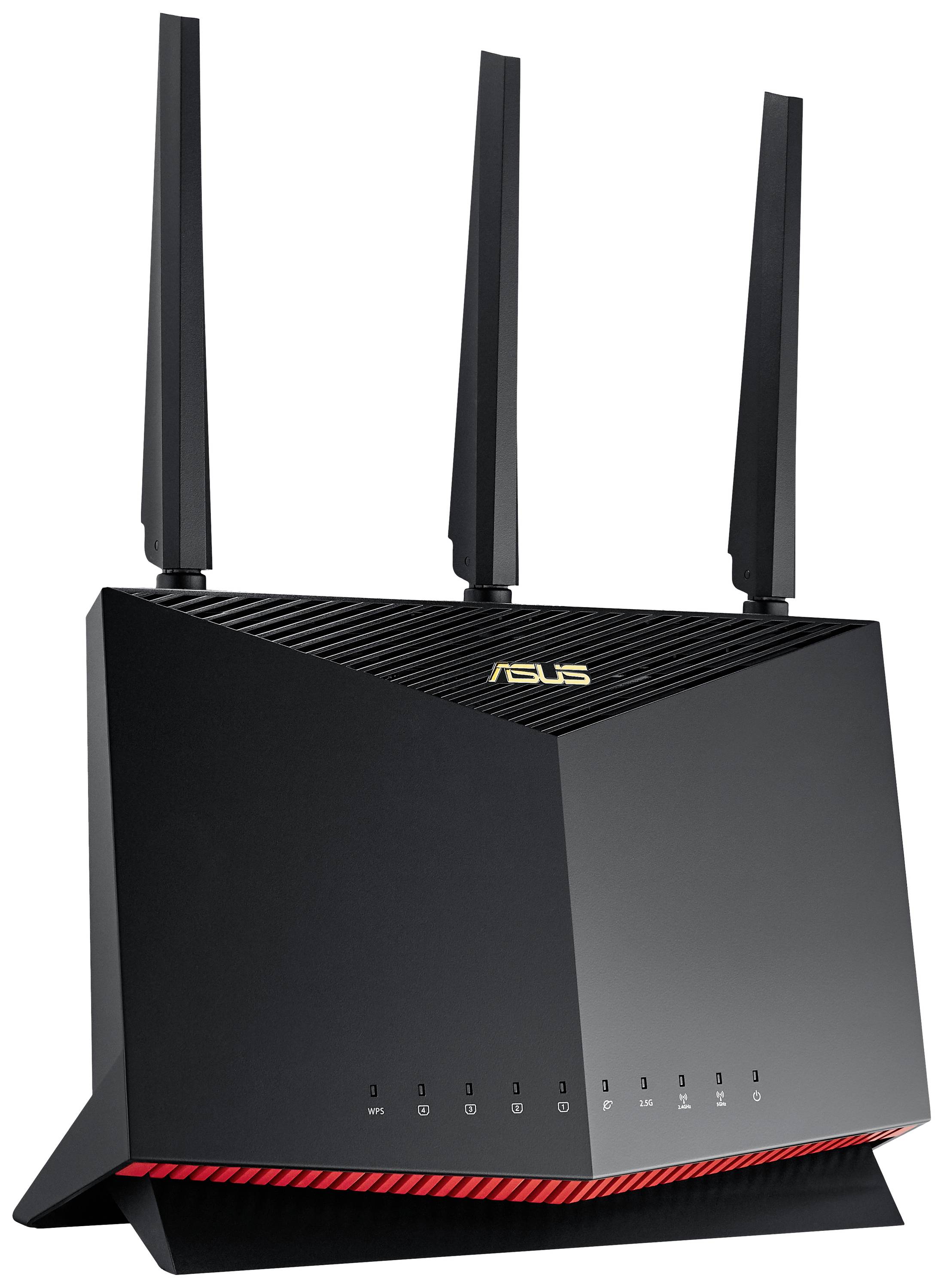 Een zwarte WLAN-router met drie antennes van Asus. LED-indicatoren aan de voorkant tonen de verbindingsstatus en netwerkconfiguratie.