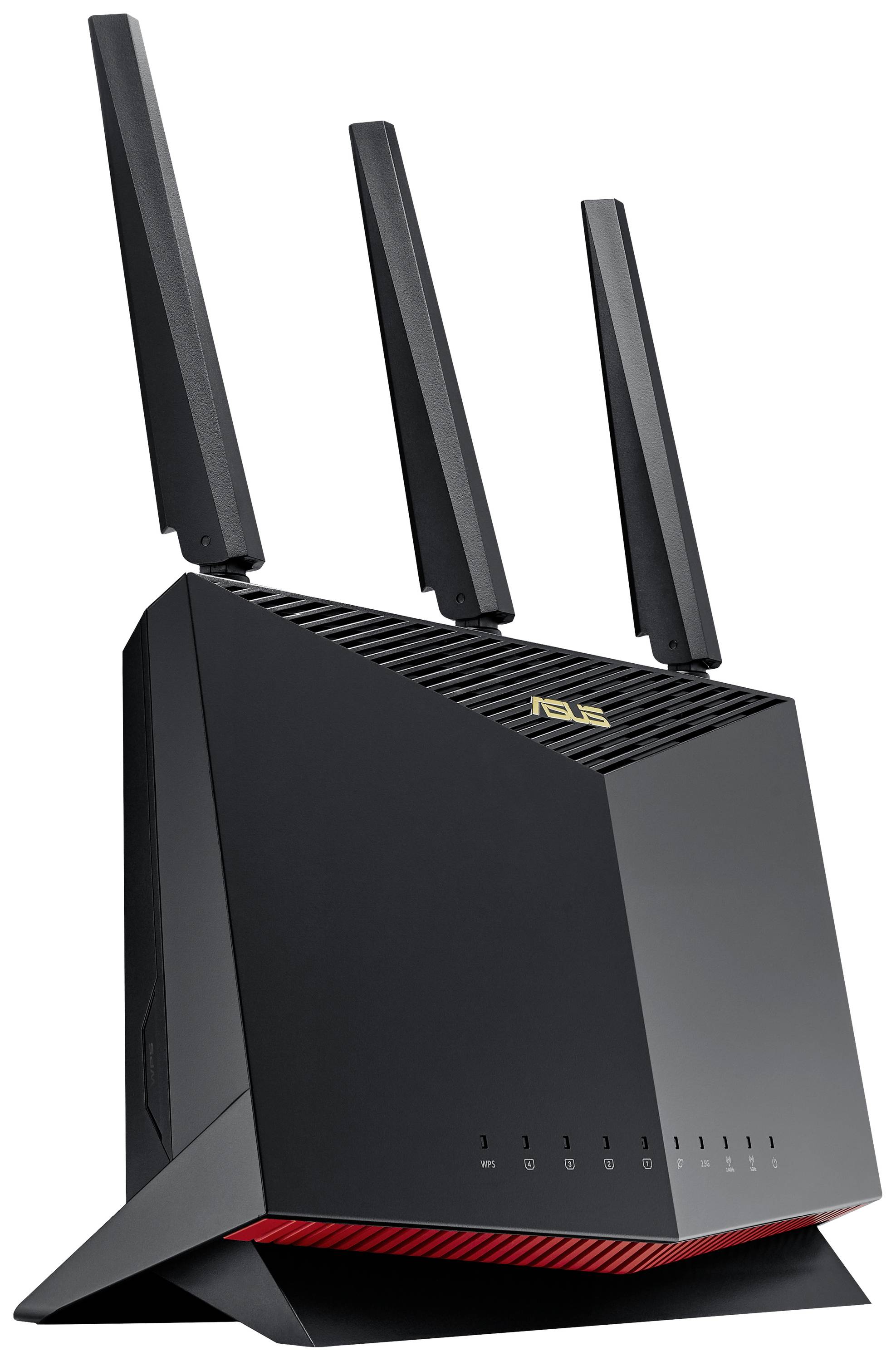Zwarte router met drie antennes, rechtop staand. Led's aan de voorkant geven verbindingsstatus weer.