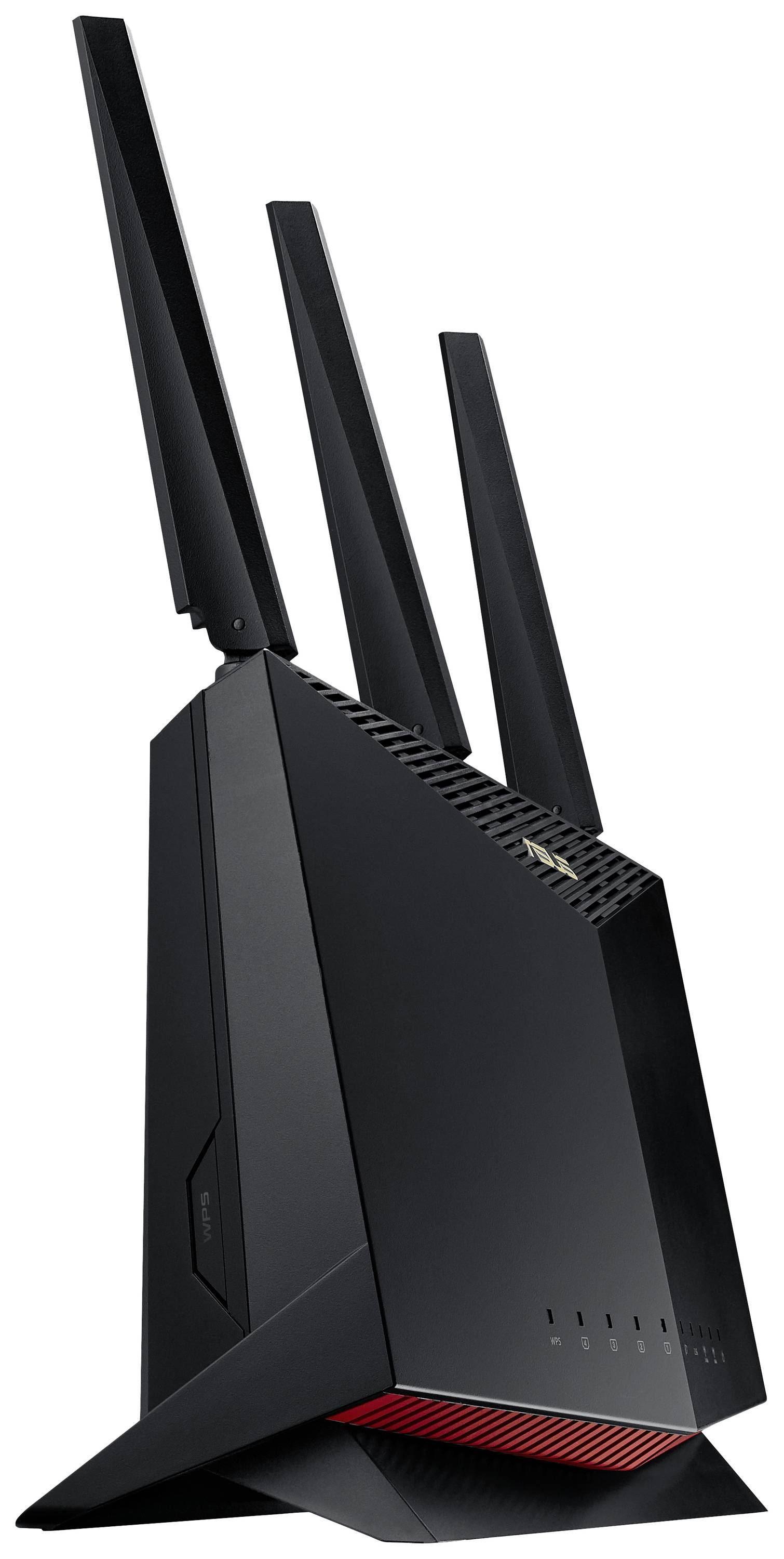 Zwarte router met drie antennes, staat verticaal op een tafel. Apparaat toont rode ventilatieopeningen en LED-indicatoren aan de voorkant.