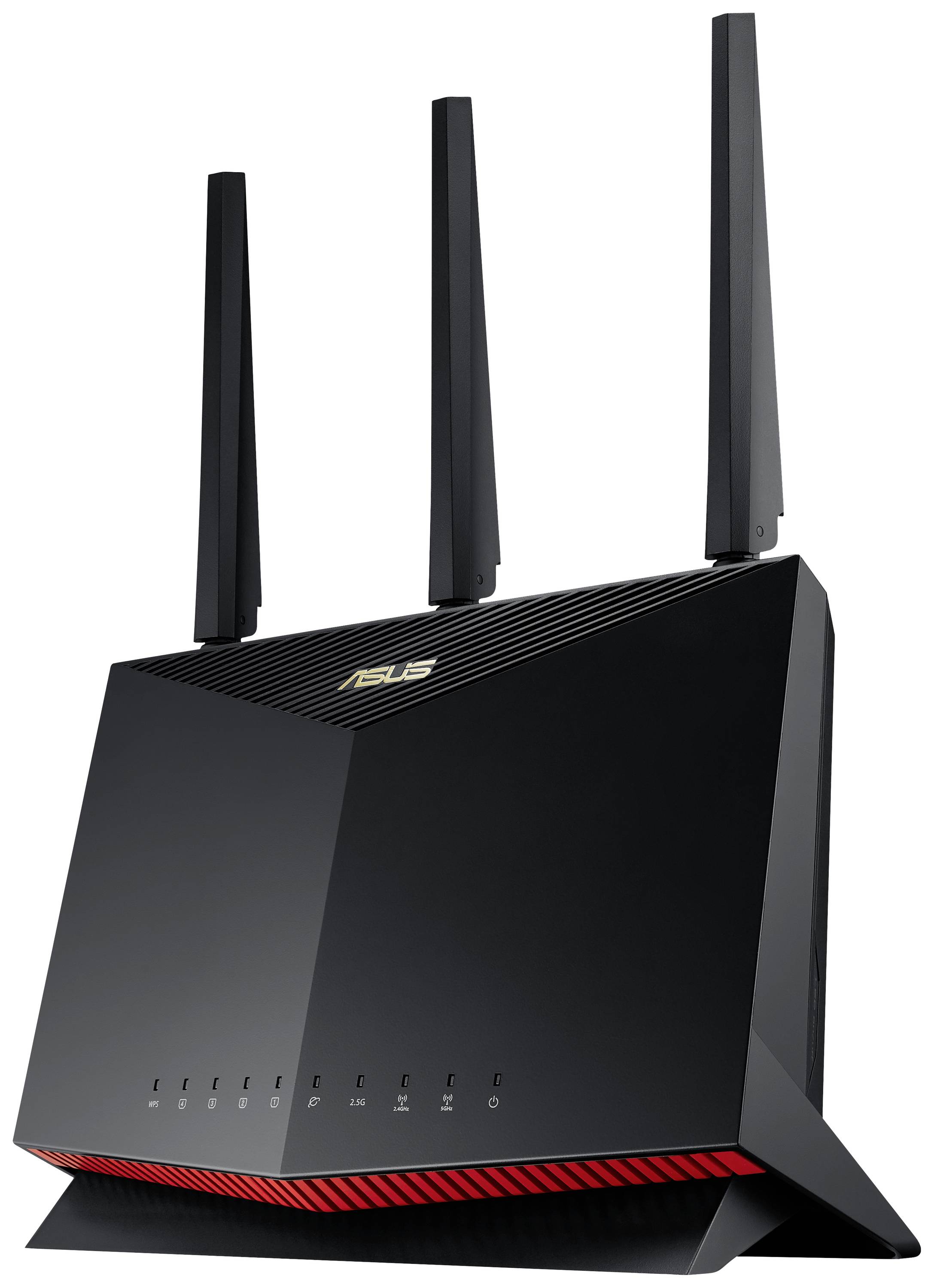 Zwarte router met drie antennes en een rood verlichtingselement aan de basis, merkenlogo bovenaan zichtbaar.
