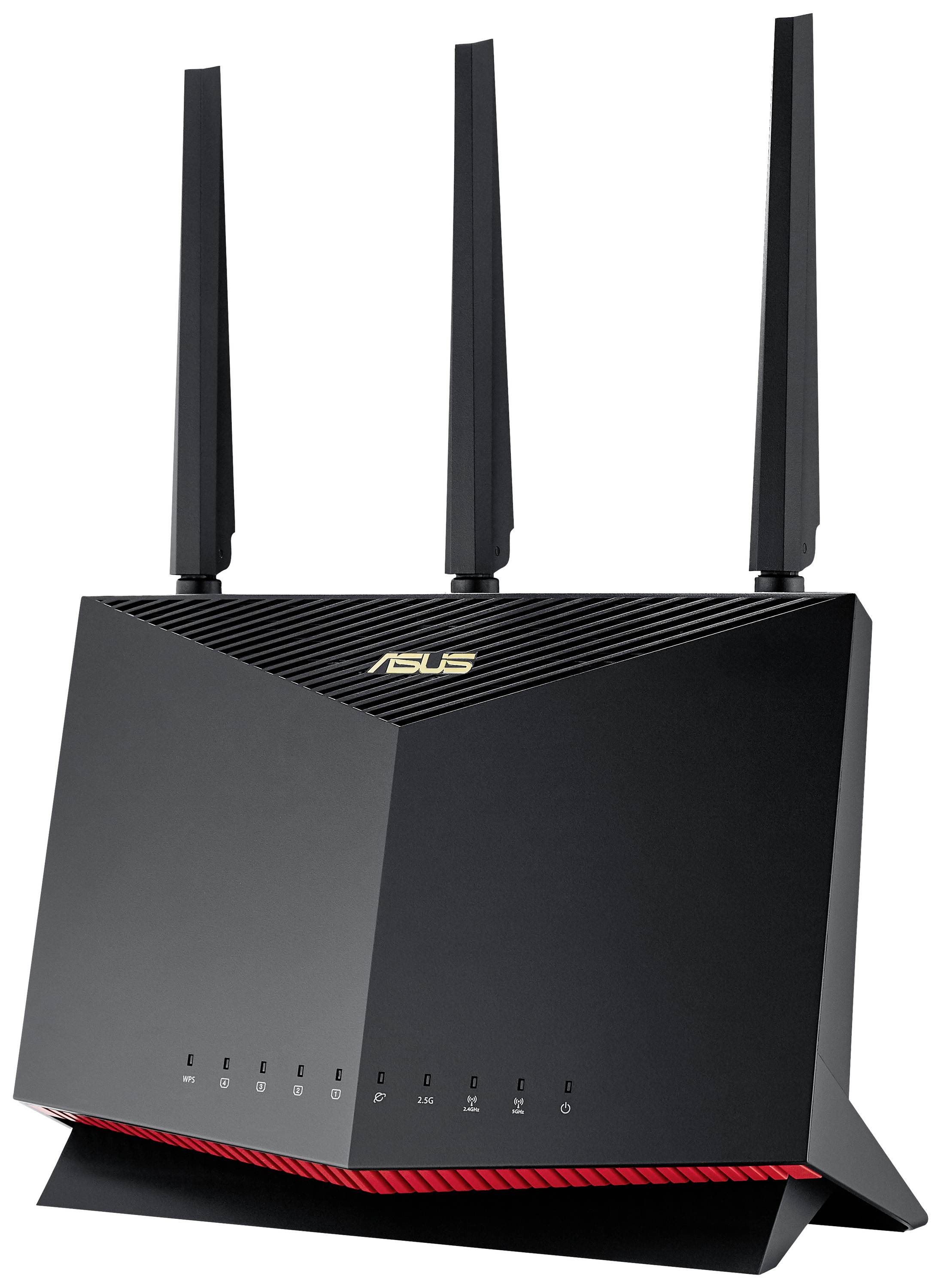Een zwarte WLAN-router met drie antennes. Het Asus-logo is zichtbaar. De router heeft een modern, hoekig design.