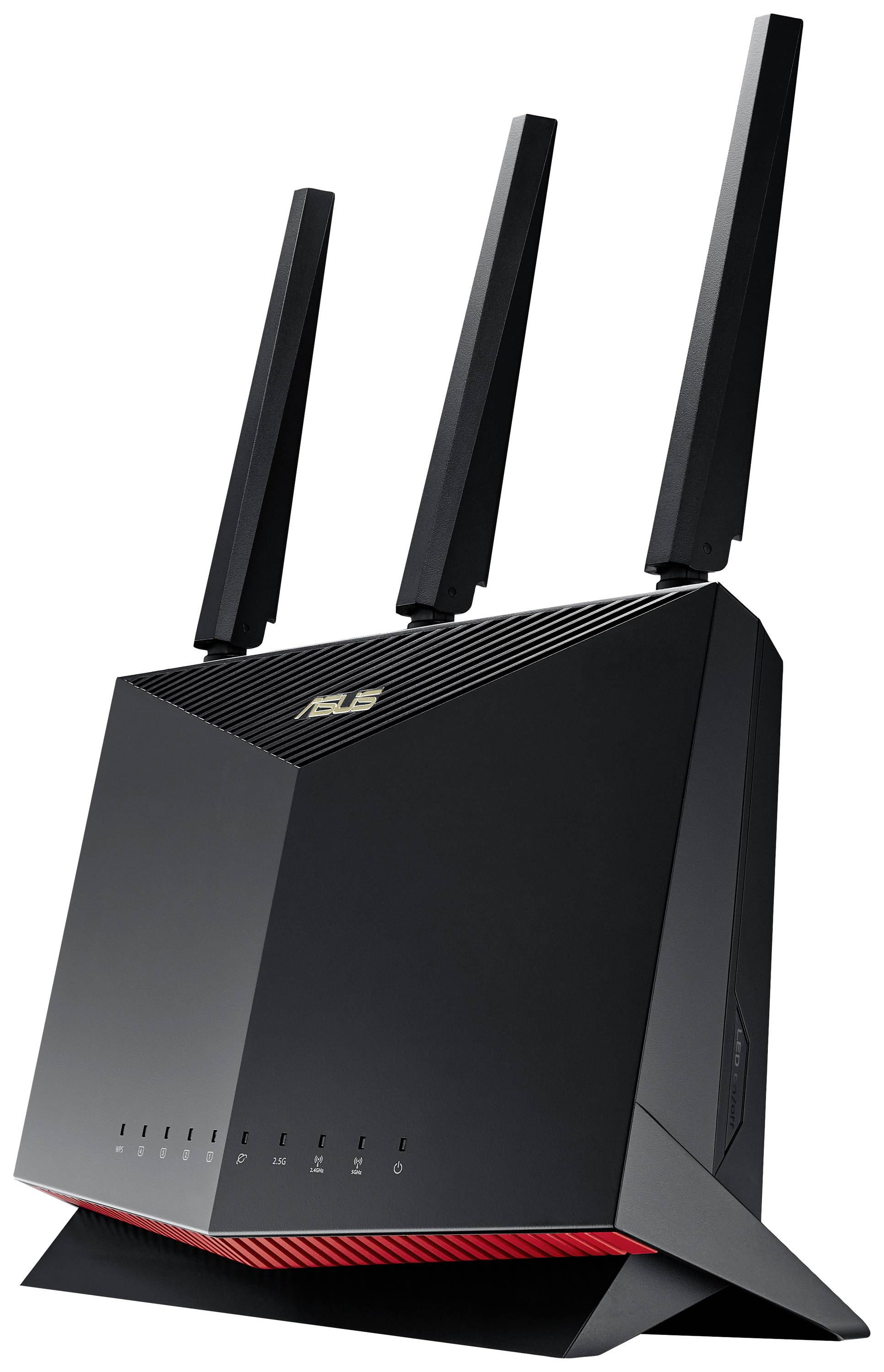 Een zwarte ASUS-WiFi-router met drie rechtopstaande antennes en rode LED-lampjes aan de onderkant.