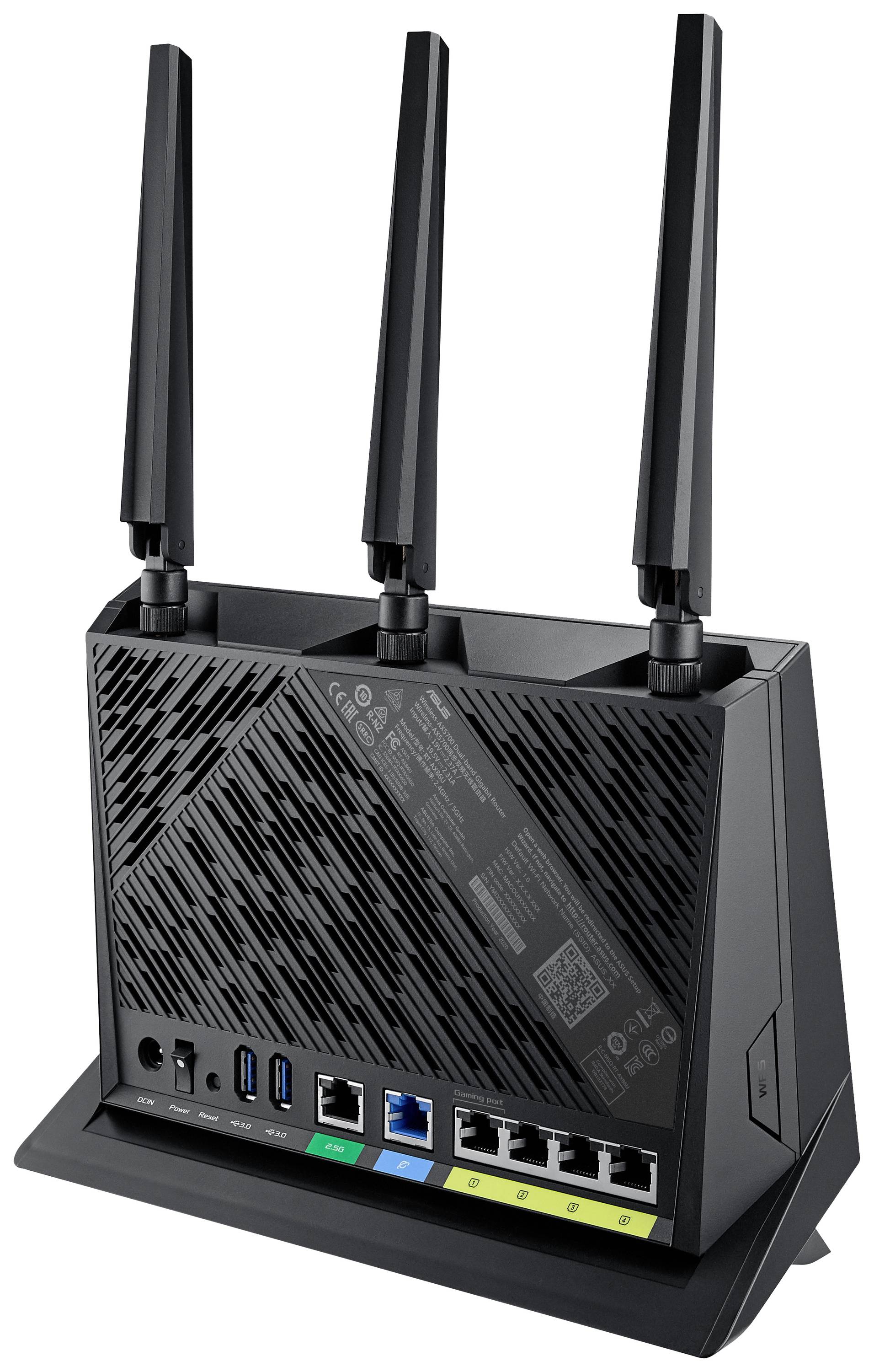 Een WLAN-router met drie antennes, meerdere Ethernet-poorten en USB-aansluitingen aan de achterkant.