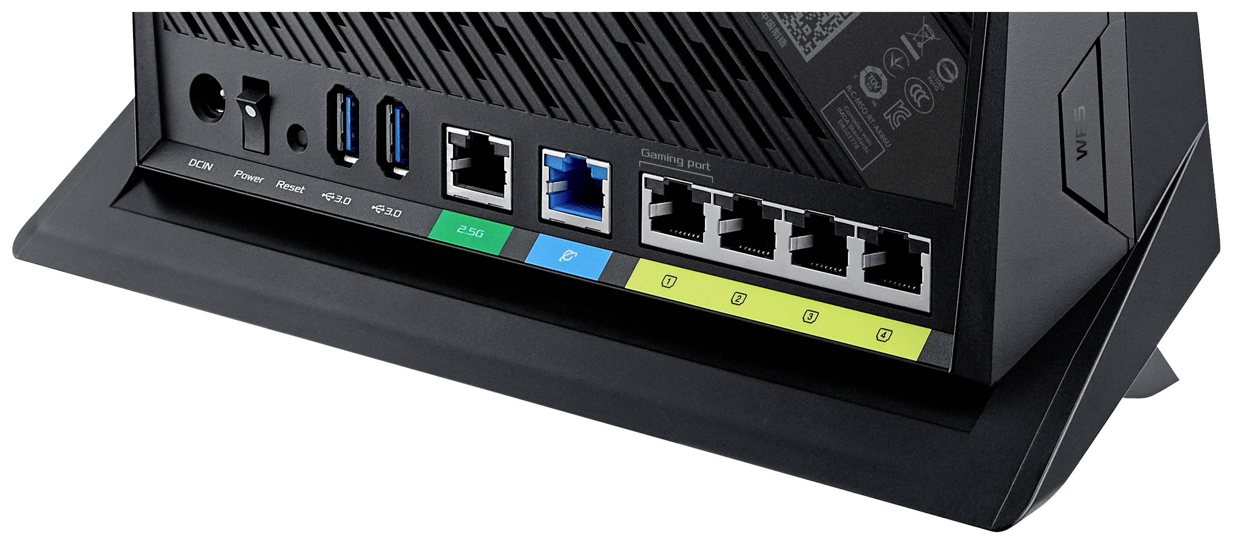 Achterkant van een netwerkouter met meerdere Ethernet-aansluitingen, USB-poorten en stroomaansluiting. Verschillende kleurgecodeerde poorten.