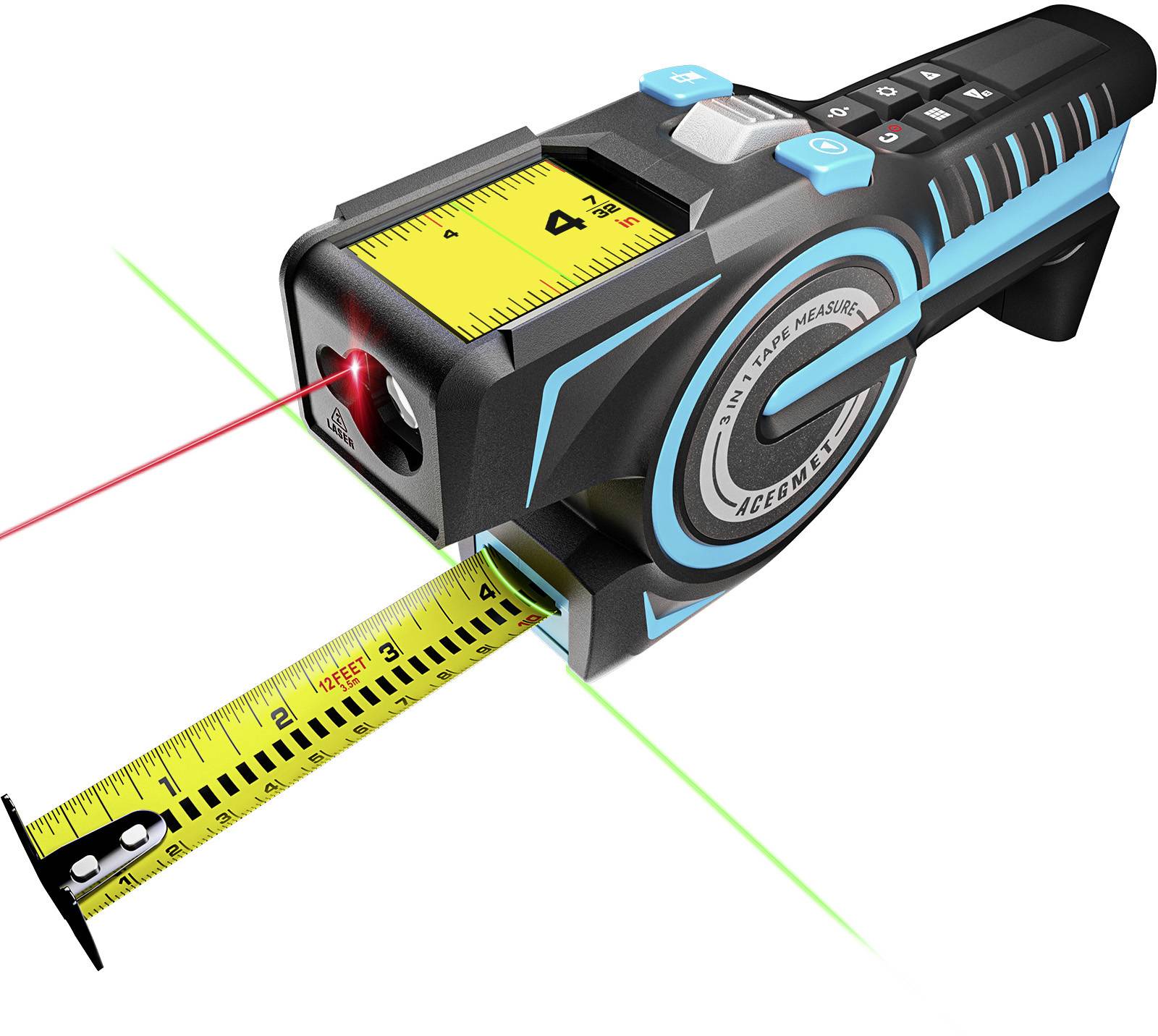 Een digitaal meetapparaat met meetlint en rode laser voor nauwkeurige metingen. Geschikt voor gebruik in bouw- of doe-het-zelfprojecten.