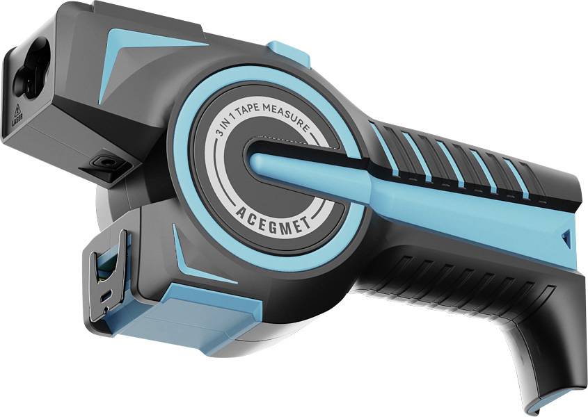 Zwart en blauw, futuristisch 3-in-1 meetinstrument 'ACEGMET' met digitaal display, meetlint en lasermeting.