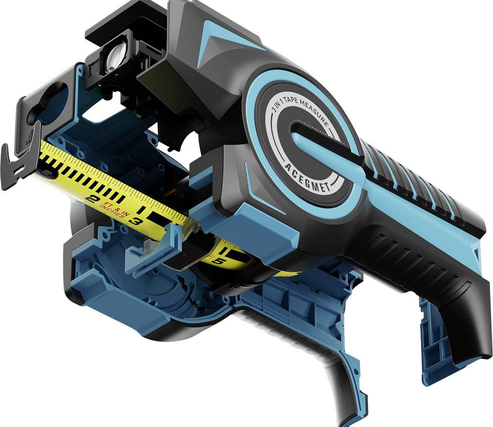 Een gedemonteerd blauw-zwart meetlint onthult de interne mechaniek en de uitschuifbare gele schaal met markeringen.