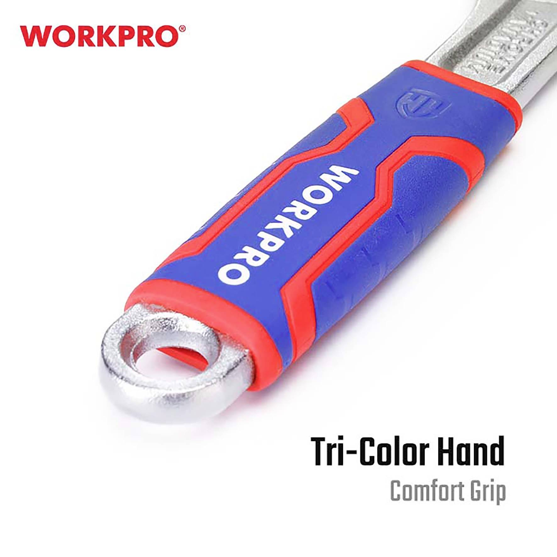 Handvat van een sleutel met blauw-rood ontwerp en zilveren ring. Gemarkeerde tekst: 'WORKPRO', ondertitel: 'Tri-Color Hand Comfort Grip'.