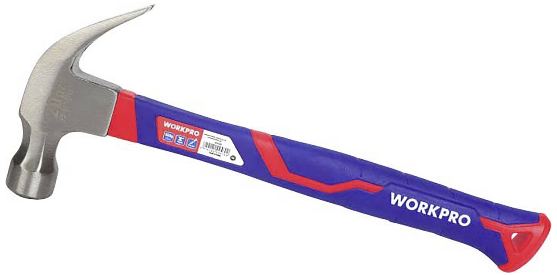 Hamer in blauwe en rode kleur met het opschrift 'WORKPRO' op de steel.