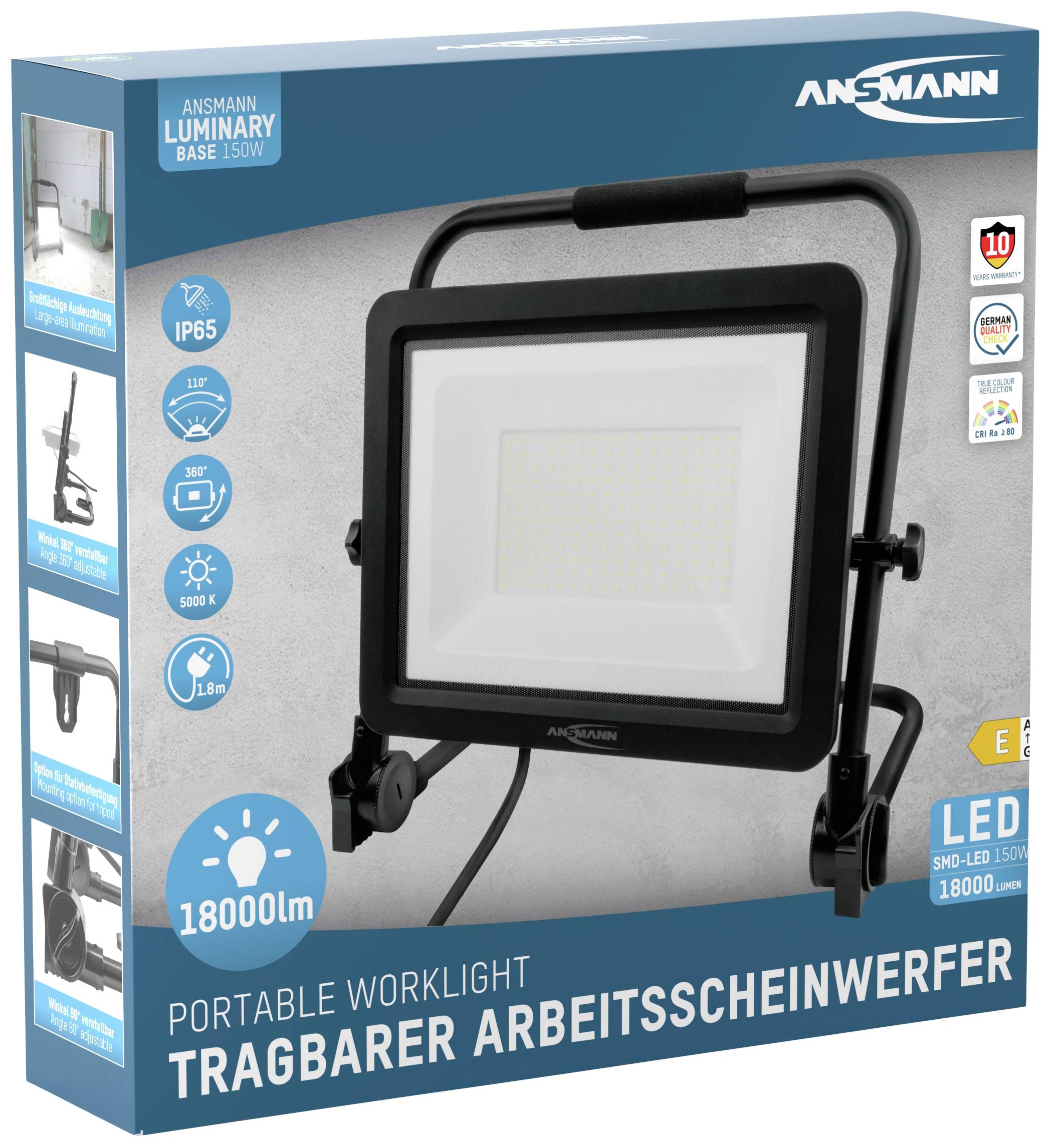 Draagbare LED-werklamp van Ansmann met 150W, 18.000 lumen. Ideaal voor bouwplaatsen, werkplaatsverlichting. IP65 beschermingsklasse.