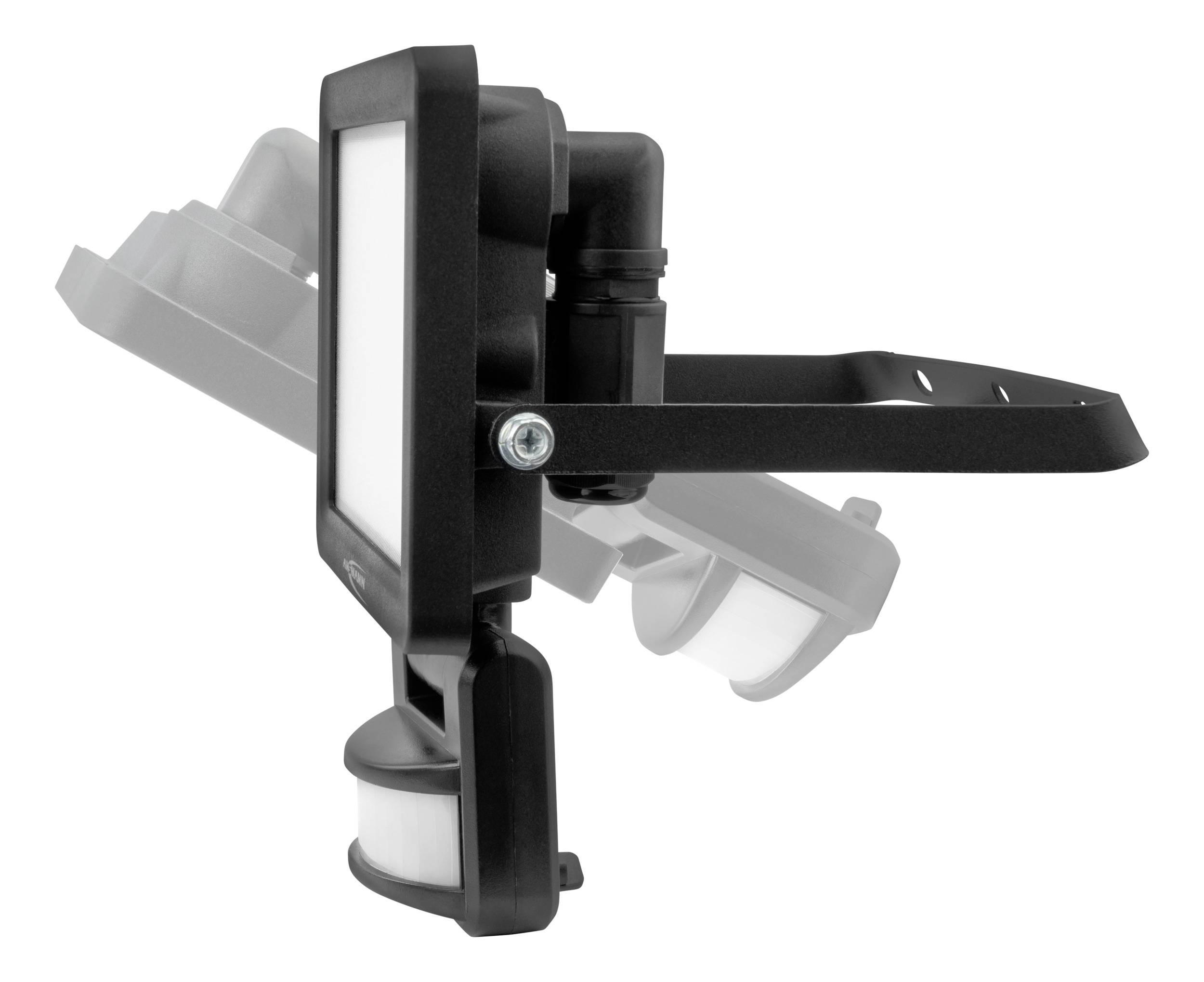 LED-wandlamp met bewegingssensor, zwarte beugel, verstelbare montagehoeken; geschikt voor buitenverlichting.