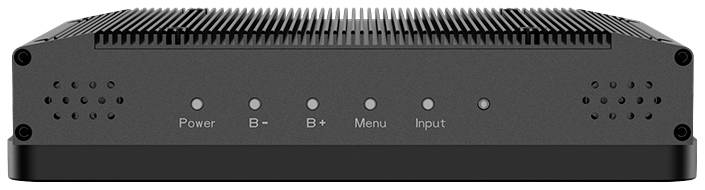 Een zwart elektronisch apparaat met vijf knoppen aan de voorkant, gemarkeerd als 'Power', 'B-', 'B+', 'Menu' en 'Input'.
