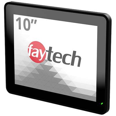 Een 10-inch touchscreen-monitor van het merk 'faytech'. Display toont het 'faytech'-logo op een grijze, geometrische achtergrondafbeelding.