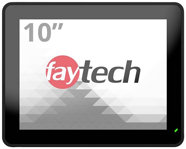 Een zwarte 10-inch monitor met het logo 'faytech' in rood en grijs.