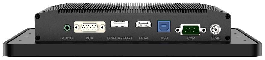 Achterkant van een elektronisch apparaat met aansluitingen: Audio, VGA, DisplayPort, HDMI, USB, COM en DC-In.
