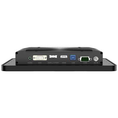 Achterkant van een elektronisch apparaat met aansluitingen: Audio, VGA, DisplayPort, HDMI, USB, COM en DC-In.