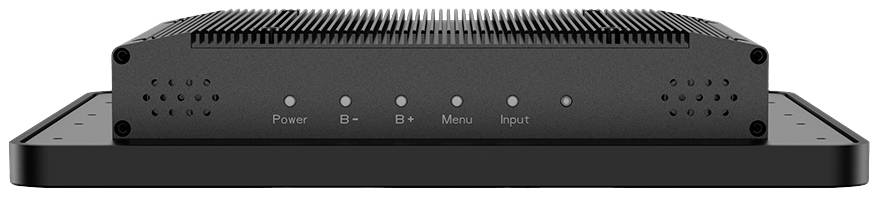 Zwarte, rechthoekige audioversterker met bedieningsknoppen aan de voorzijde: 'Power', 'B-', 'B+', 'Menu', 'Input'.