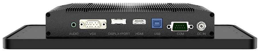 'Achterkant van een apparaat met aansluitingen: Audio, VGA, DisplayPort, HDMI, USB, COM en DC-IN, op een zwarte ondergrond.'