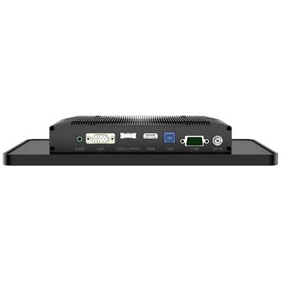 'Achterkant van een apparaat met aansluitingen: Audio, VGA, DisplayPort, HDMI, USB, COM en DC-IN, op een zwarte ondergrond.'