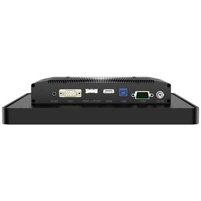 Achterkant van een elektronisch apparaat met aansluitingen: Audio, VGA, DisplayPort, HDMI, USB, COM en DC-ingang.