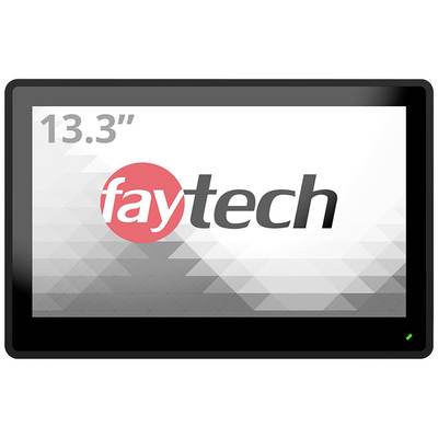 'Faytech 13,3-inch touchscreen-monitor' met geometrisch achtergrondpatroon.