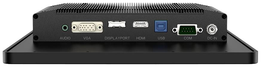 De achterkant van een elektronisch apparaat toont meerdere aansluitingen: audio, VGA, DisplayPort, HDMI, USB, COM en DC-IN.