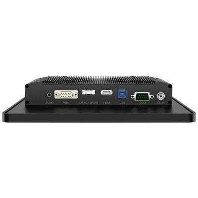 De achterkant van een elektronisch apparaat toont meerdere aansluitingen: audio, VGA, DisplayPort, HDMI, USB, COM en DC-IN.