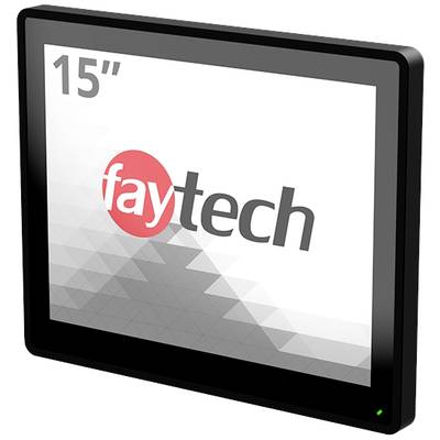 Een 15-inch-monitor met het 'faytech'-logo, zwarte rand en groene bedrijfs-LED rechtsonder.