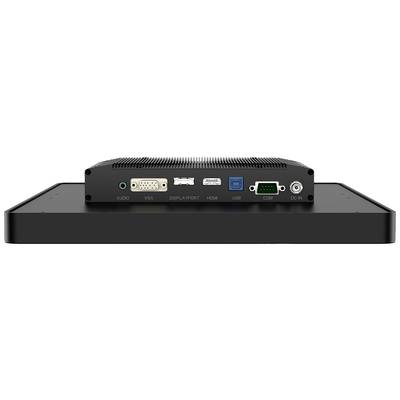 Zwarte monitorachterkant met verschillende aansluitingen: Audio, VGA, DisplayPort, HDMI, USB, COM, DC-IN. Ideaal voor veelzijdige verbindingen.