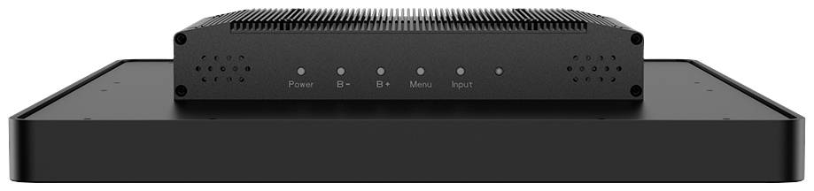 Een zwart elektronisch apparaat met meerdere controlelampjes: Power, 5+, 5-, Menu, Input. Het heeft een modern, minimalistisch design.