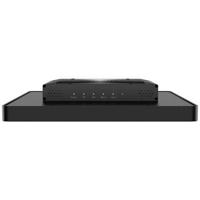 Een zwart elektronisch apparaat met meerdere controlelampjes: Power, 5+, 5-, Menu, Input. Het heeft een modern, minimalistisch design.