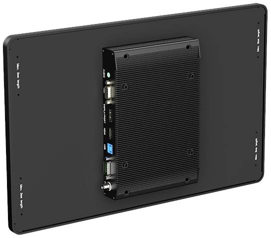 Een rechthoekige, zwarte computer met meerdere aansluitingen aan de zijkant, waaronder USB- en HDMI-poorten, is gemonteerd op een zwarte plaat.