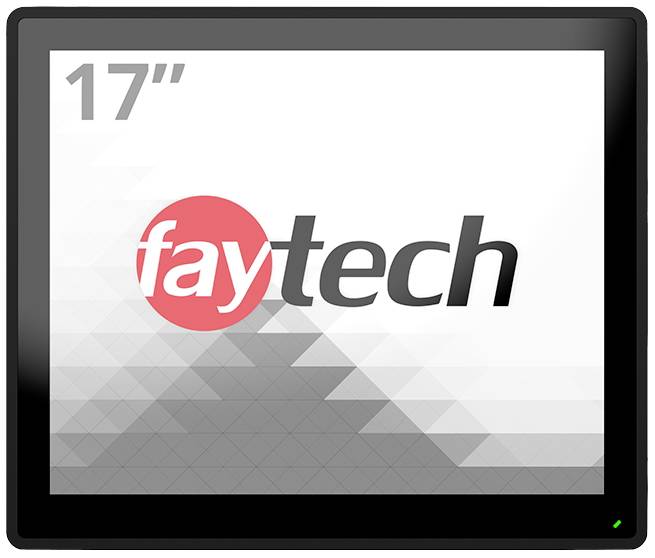 Het beeldkader toont een 17-inch scherm met het 'faytech' logo in het midden voor een grafische achtergrond.