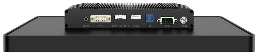 Achterkant van een apparaat met verschillende aansluitingstypen: Audio, VGA, DisplayPort, HDMI, USB, COM en DC-IN, zichtbaar op een scherm.