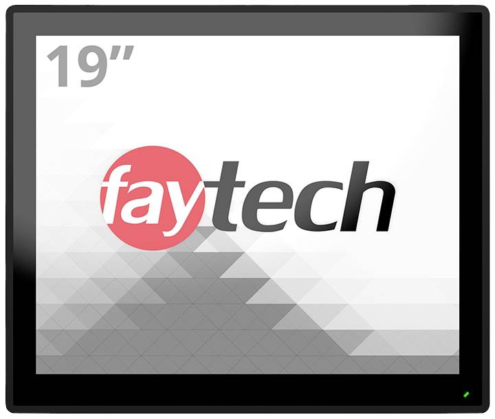 Een 19-inch monitor met het rode en zwarte Faytech-logo op een grijze achtergrond.