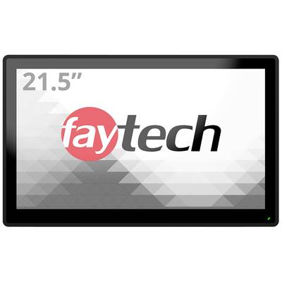 Een afbeelding toont een 21,5-inch monitor met het logo 'faytech' op het scherm, omgeven door een grijs geometrisch patroon.