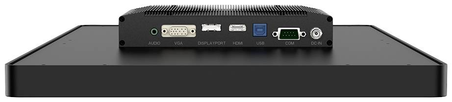 Een zwart-grijze industriële pc met meerdere aansluitingen aan de achterkant: audio, VGA, DisplayPort, HDMI, USB, COM-poorten.