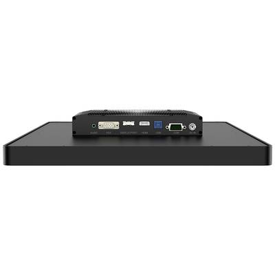 Een zwart-grijze industriële pc met meerdere aansluitingen aan de achterkant: audio, VGA, DisplayPort, HDMI, USB, COM-poorten.