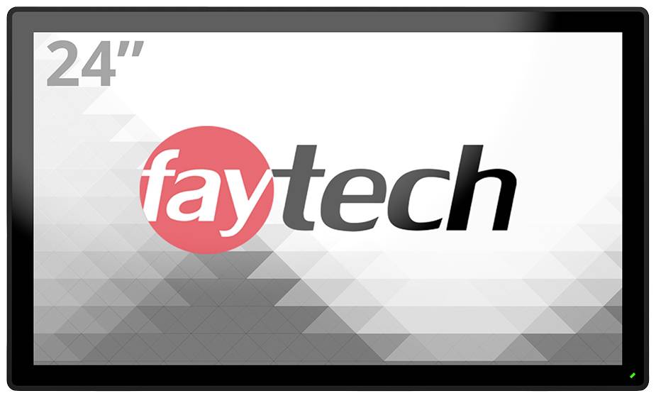 Een scherm met het 'faytech' logo, 24 inch groot, op een geometrische achtergrond.