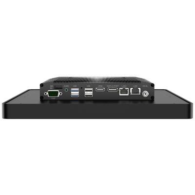 Achterkant van een computerbehuizing met meerdere aansluitingen: USB, HDMI, DisplayPort, LAN, Audio en stroomaansluiting.
