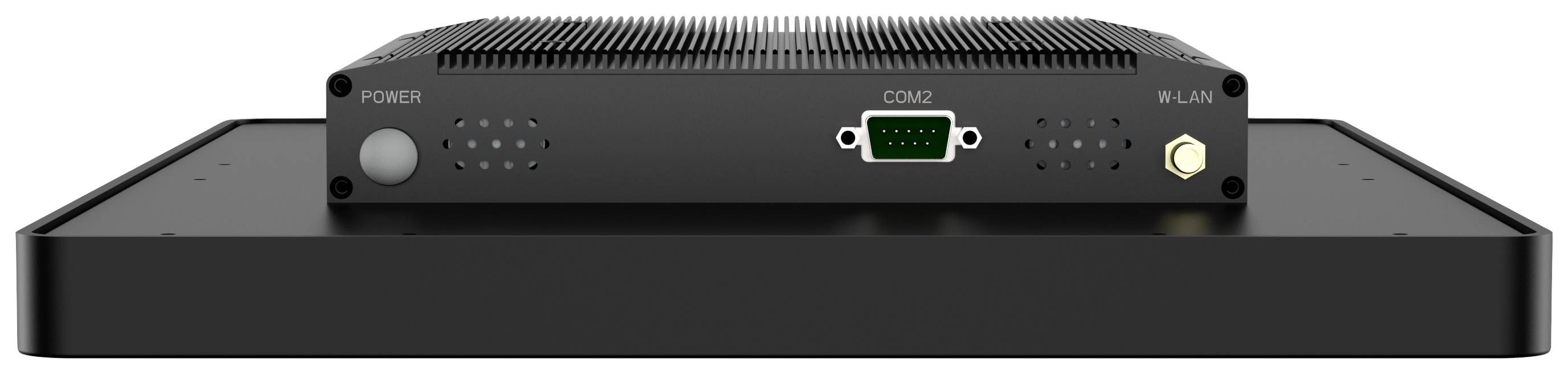 Een zwart elektronisch apparaat met aansluitingen aan de voorkant, waaronder een COM2-poort en WLAN-antenne, op een platte basis.