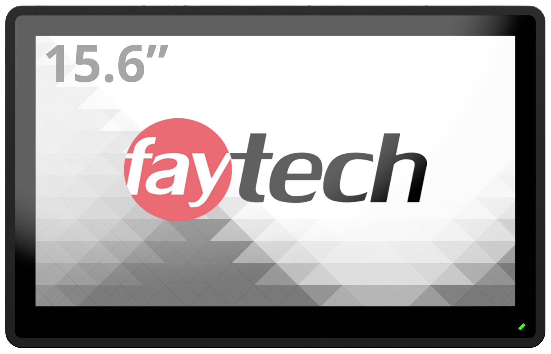 Een scherm met de tekst '15.6" faytech' toont het logo van een bedrijf. De achtergrond heeft geometrische patronen.