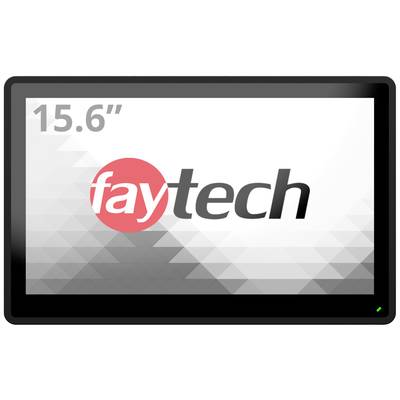 Een scherm met de tekst '15.6" faytech' toont het logo van een bedrijf. De achtergrond heeft geometrische patronen.