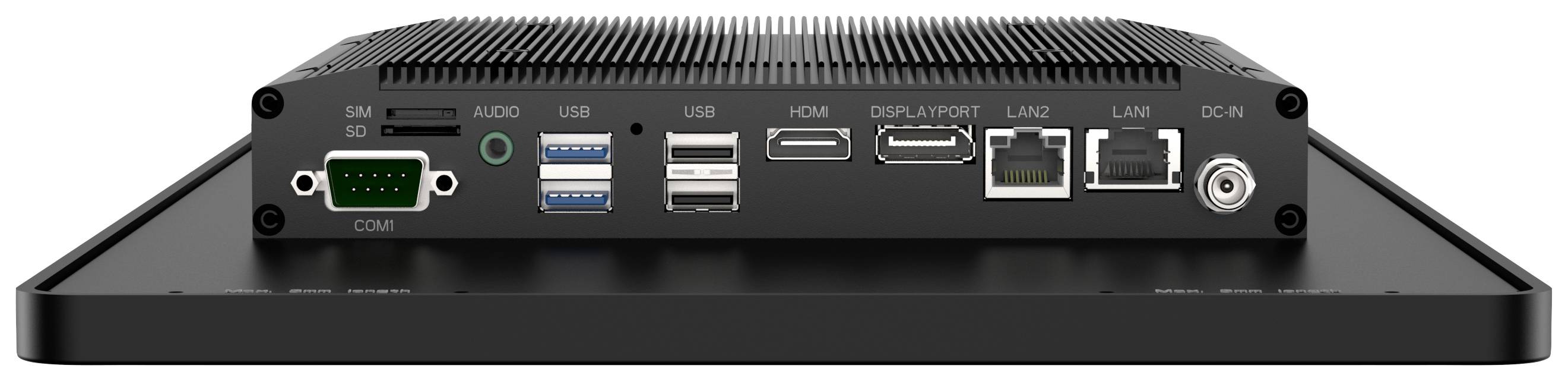 De achterkant van een zwarte mini-pc met aansluitingen: SIM-kaartsleuf, audio, HDMI, USB, DisplayPort, LAN en voeding.