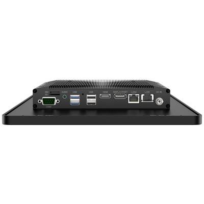 De achterkant van een zwarte mini-pc met aansluitingen: SIM-kaartsleuf, audio, HDMI, USB, DisplayPort, LAN en voeding.