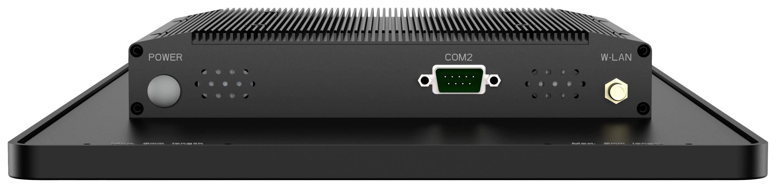 Zwart elektronisch apparaat met aansluitingen: Power, COM2 en WLAN.