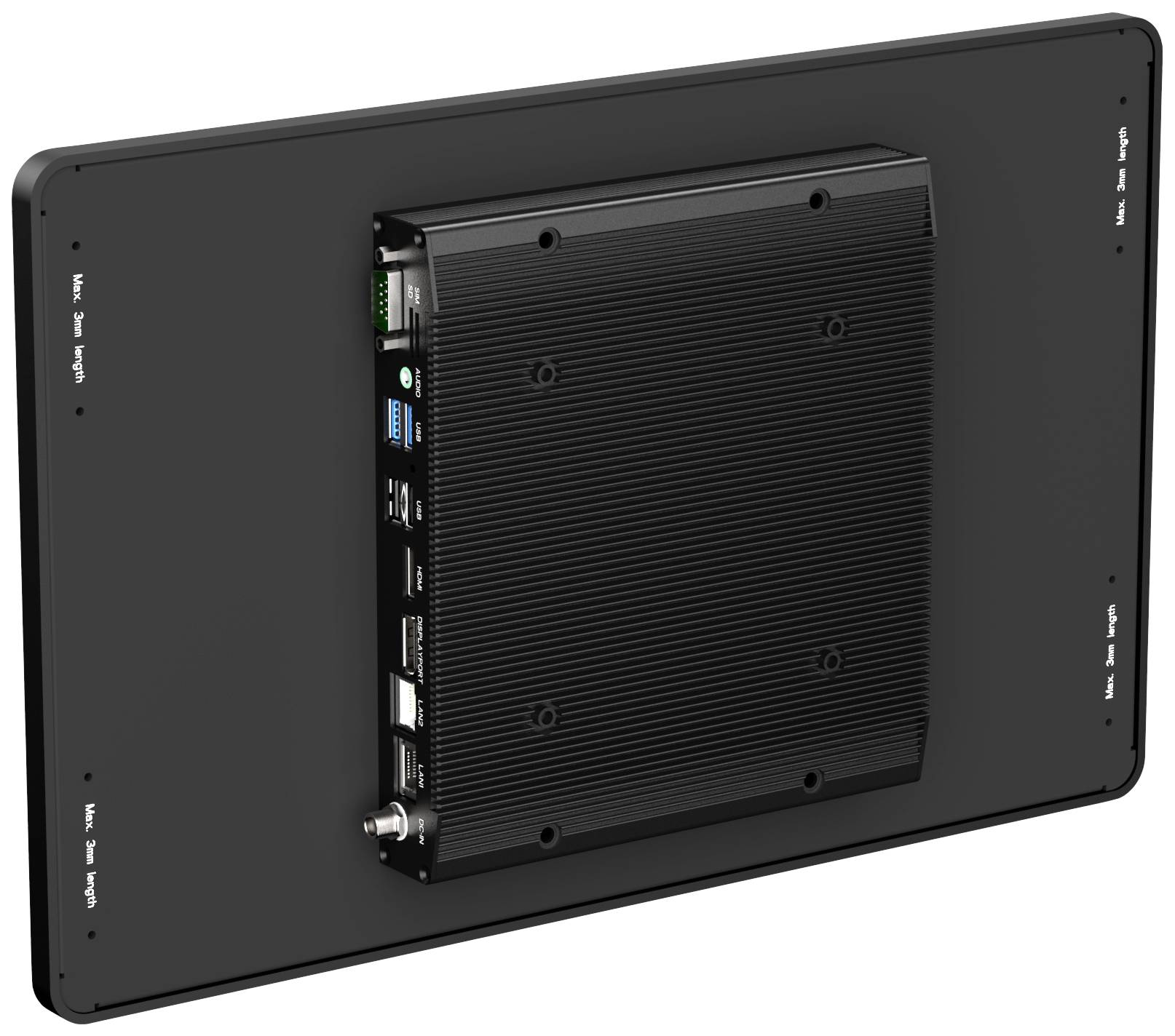 Een zwarte rechthoekige elektronische apparaat met meerdere aansluitingen en interfaces aan de achterkant.