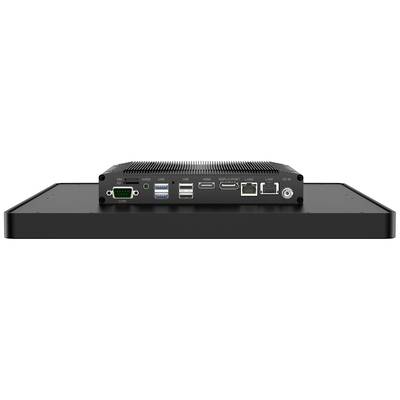 Een zwarte computer met verschillende aansluitingsmogelijkheden zoals USB, HDMI en Ethernet aan de achterkant.