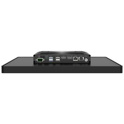 'Industriële computer met verschillende aansluitingen op zwarte behuizing, inclusief USB, HDMI en LAN, op zwart voetstuk.'