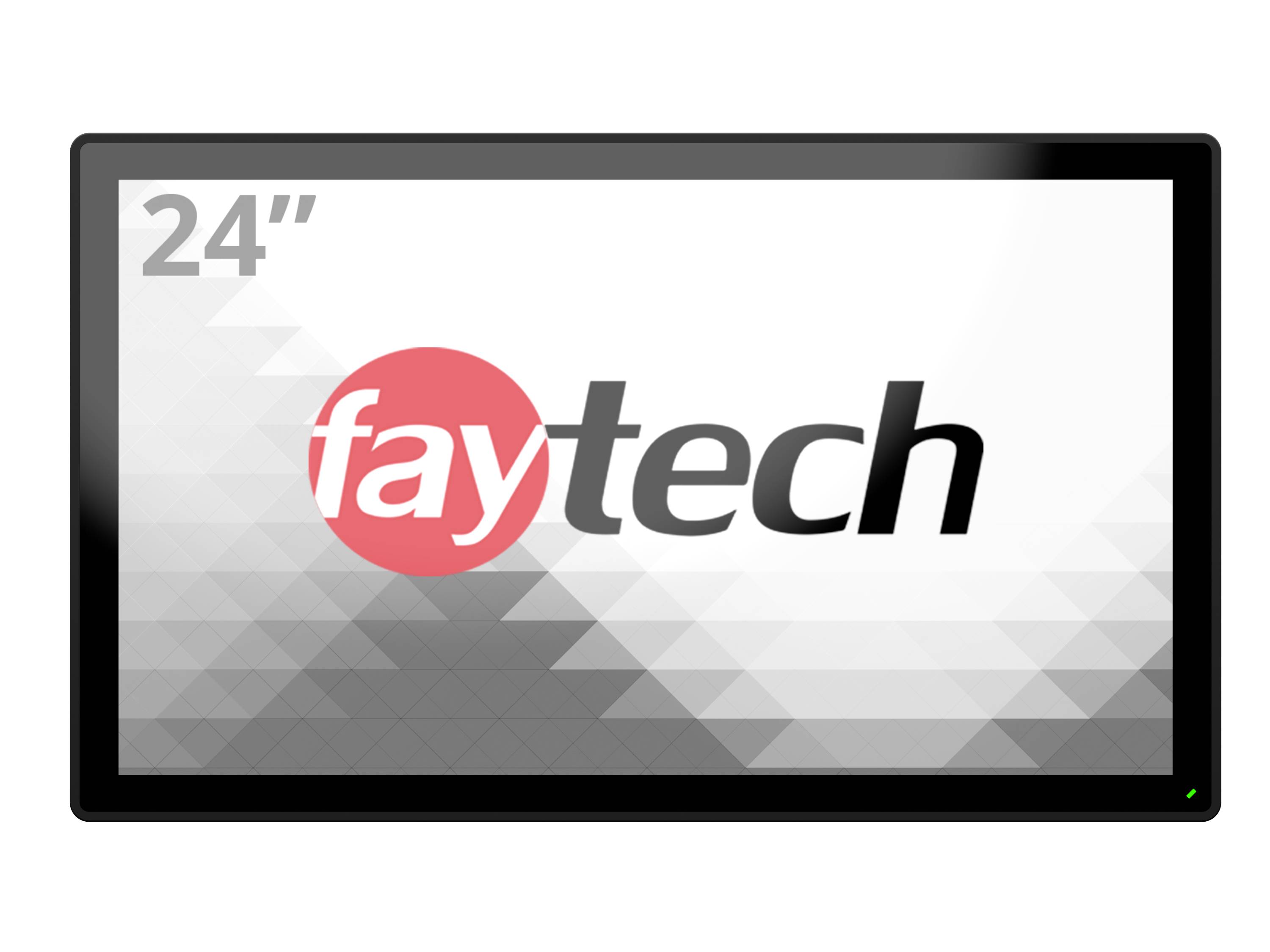 Een 24-inch scherm toont het logo van 'faytech', een merk van touchscreenmonitoren. De achtergrond is een geometrisch patroon.
